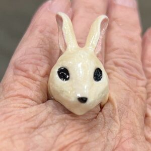 Porcelain Rabbit Ring - Cream and Black with pink ears.